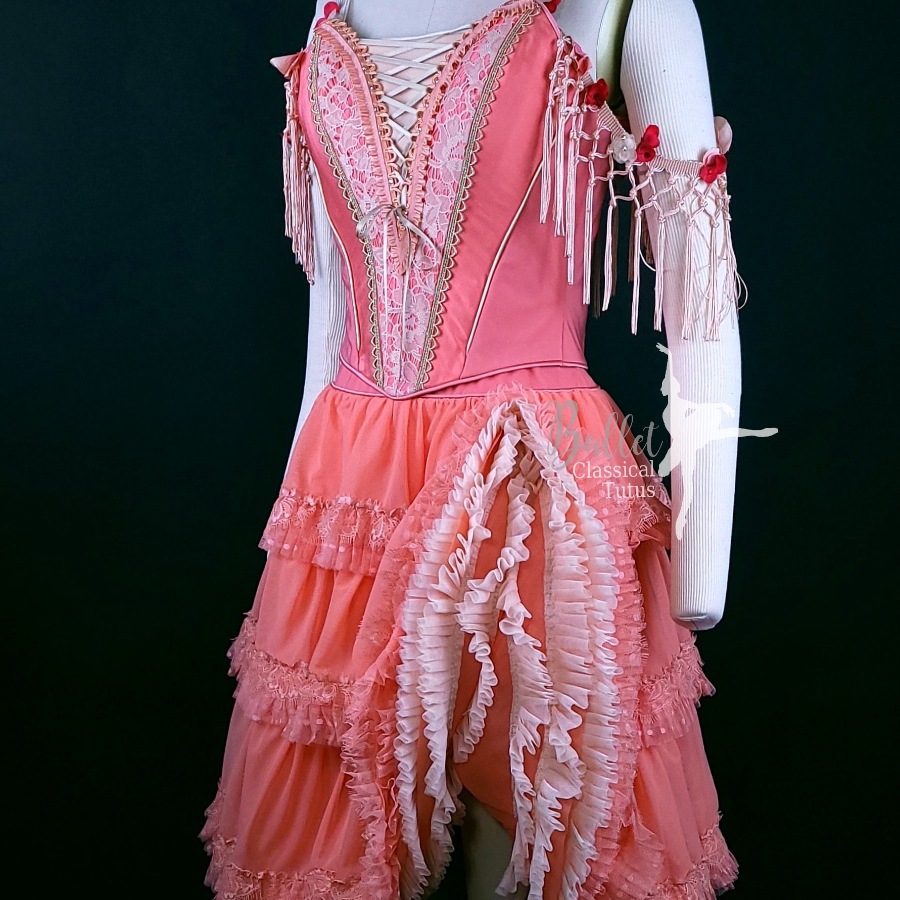 Kitri Act I Spanish Costume in Coral with Fringe